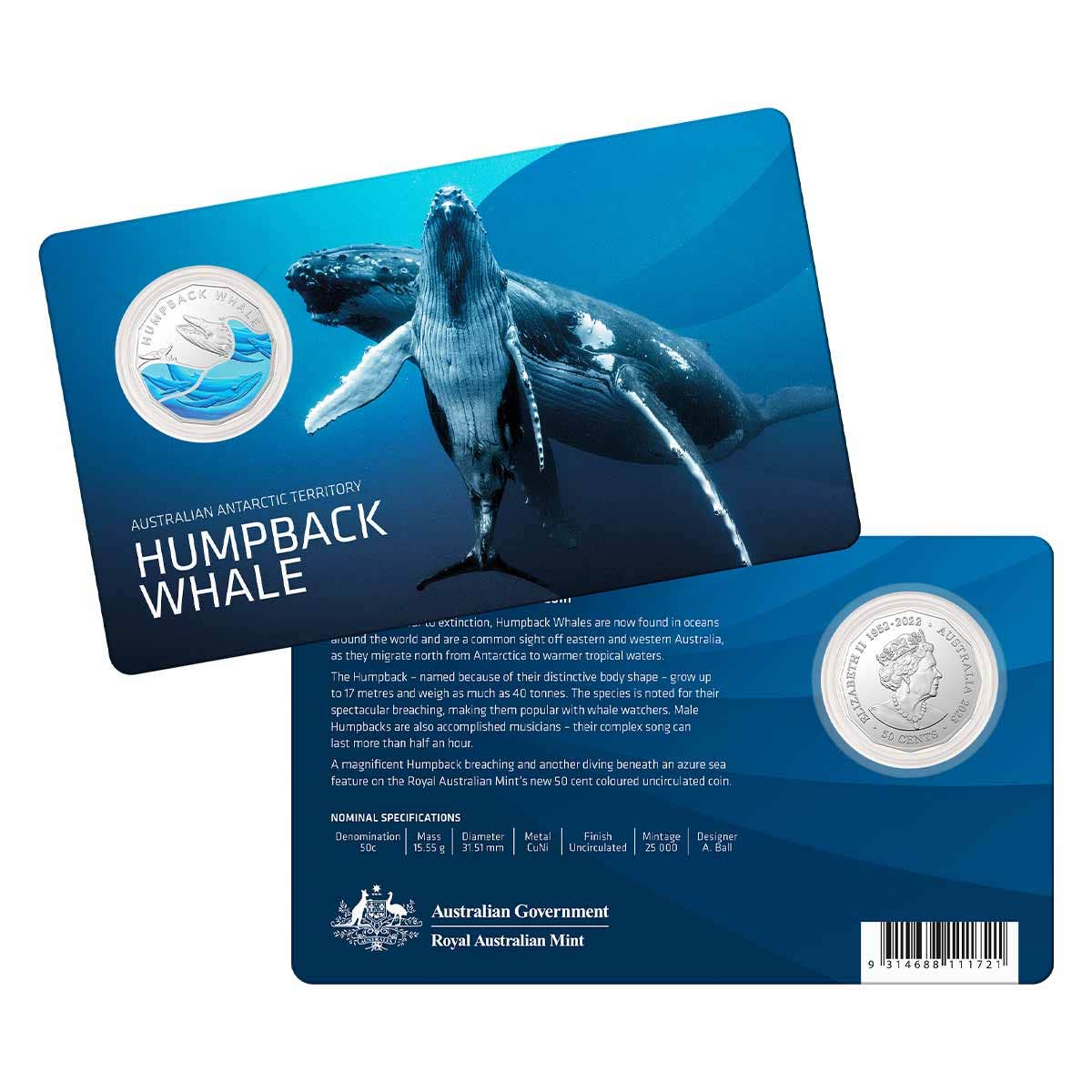 Australian Antarctic Territory - Humpback Whale 2023 50c Coloured Uncirculated Coin - Image 3